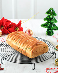 Christmas stollen. traditional sweet fruit loaf german bread,