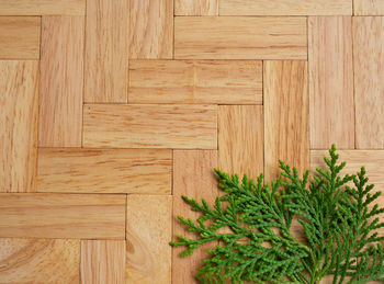Directly above shot of pine cones on wooden floor