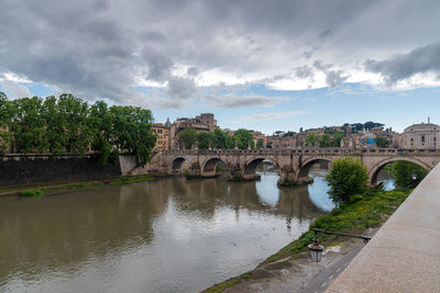 Bridge over river by buildings against sky