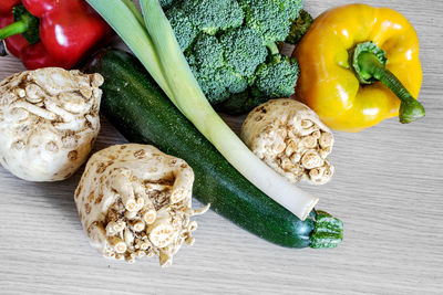 High angle view of vegetables on table