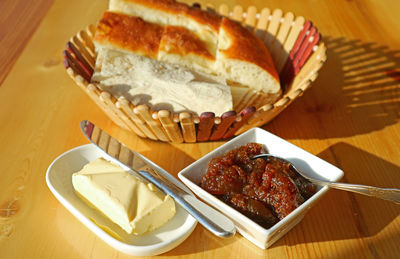 High angle view of breakfast served on table