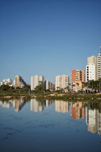 Reflection of buildings in lake against blue sky