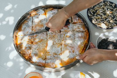 High angle view of person preparing food in kitchen