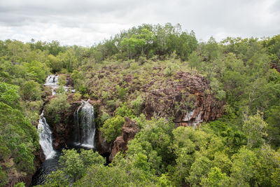 Scenic view of waterfall against sky