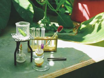 High angle view of drink on table