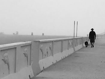 Rear view of man walking with dog on snow