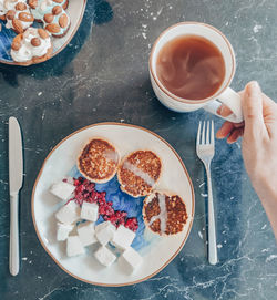 High angle view of breakfast on table