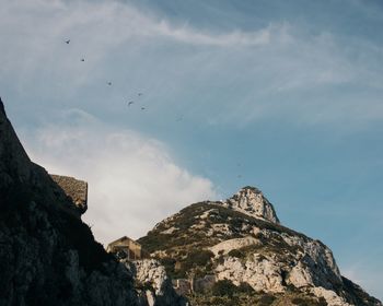 Low angle view of birds flying over mountains against sky
