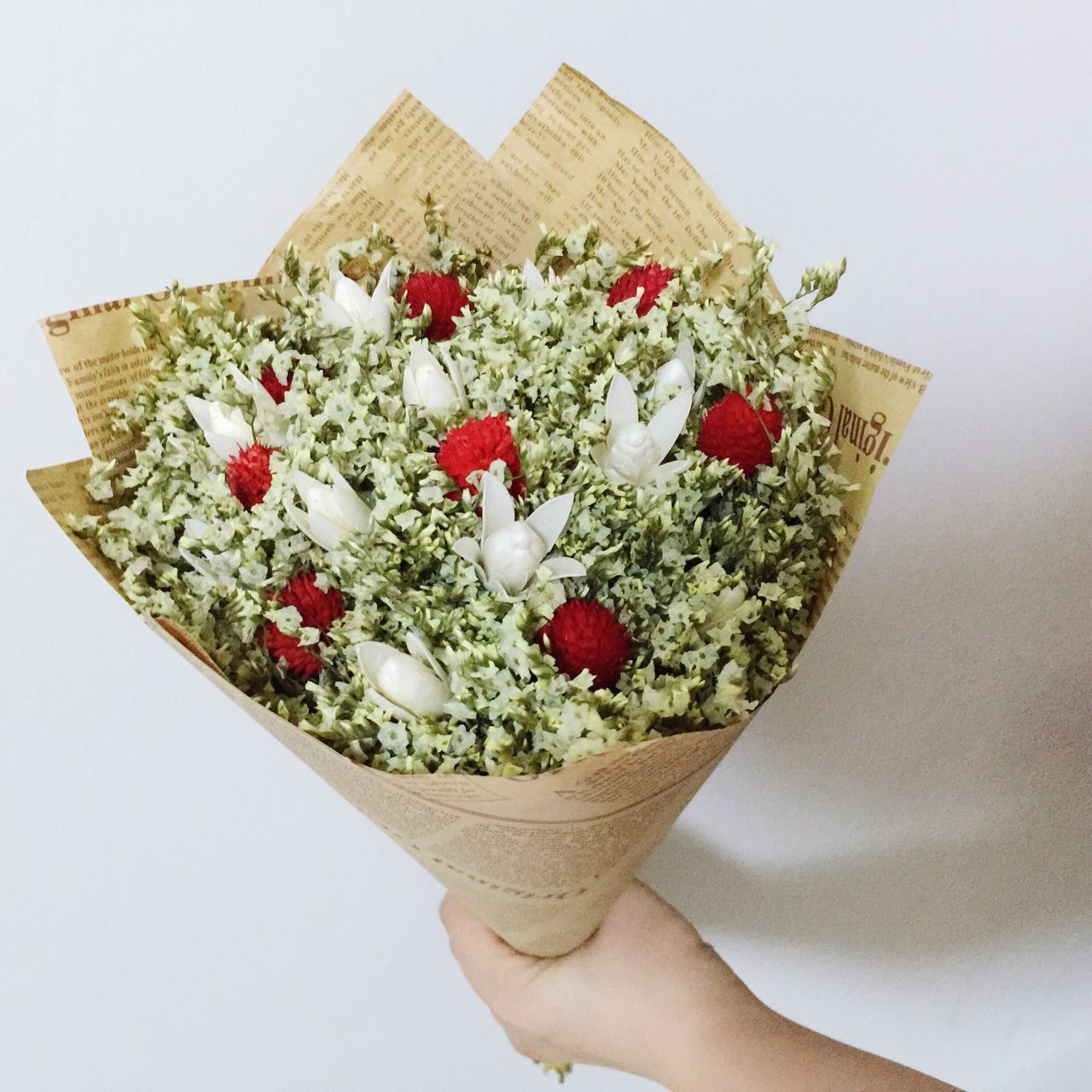 white background, freshness, studio shot, flower, indoors, one person, person, white color, decoration, food and drink, holding, food, part of, still life, red, close-up, sweet food, table, wall - building feature