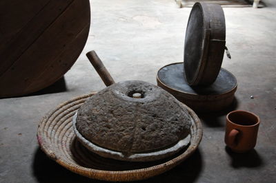 High angle view of tea in container on table