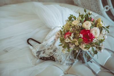 High angle view of flower bouquet on table