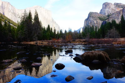 Scenic view of lake and mountains against sky