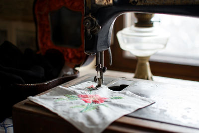 Close-up of fabric on sewing machine