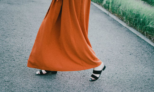 Low section of woman standing on road