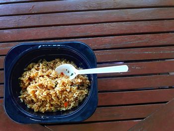 High angle view of breakfast served on table