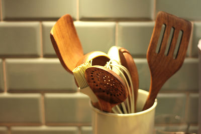 Set of kitchen spatulas in the interior of the kitchen