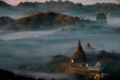 High angle view of trees and buildings against sky