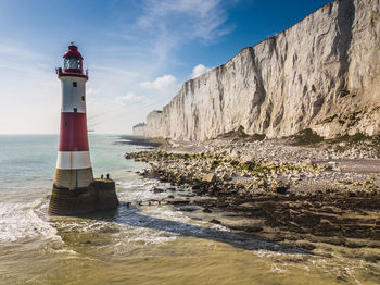 Lighthouse by sea against sky