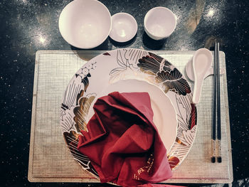 High angle view of cake in plate on table