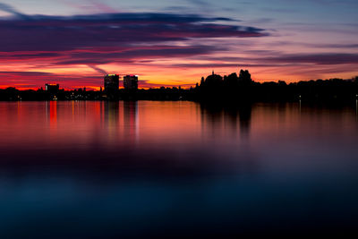 Scenic view of river against sky at sunset