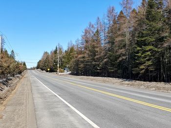 Empty road by trees against sky