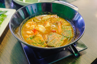 High angle view of soup in bowl on table