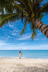 Rear view of woman standing at beach