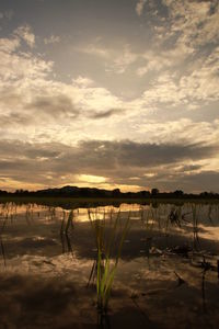 Scenic view of lake against sky during sunset