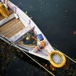 High angle view of boat moored in lake