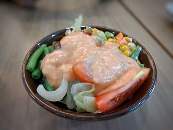 High angle view of seafood in plate on table