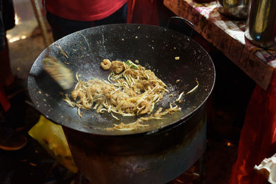 High angle view of meat in cooking pan