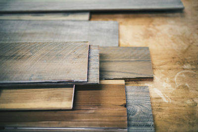 Close-up of wooden planks at workshop