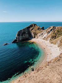 Scenic view of sea against clear blue sky