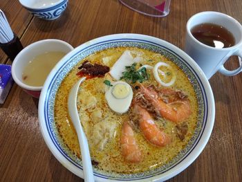 High angle view of breakfast served on table