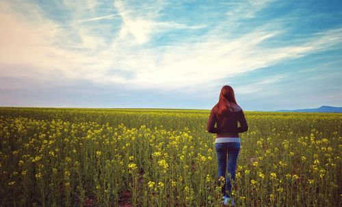 Rear view of woman standing amidst yellow flowering plants on field against sky