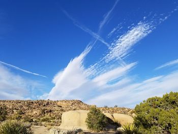 Low angle view of vapor trail in desert against blue sky