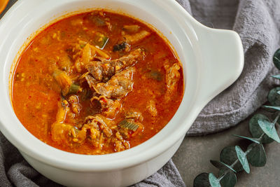 High angle view of soup in bowl on table