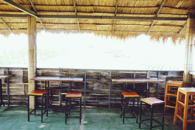 Empty chairs and tables in restaurant