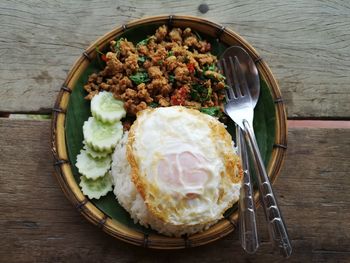 High angle view of breakfast served on table