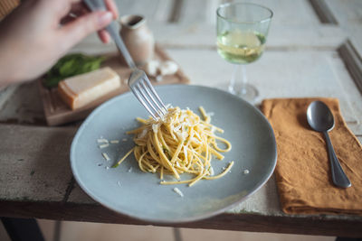 Personal perspective of pasta on plate