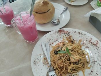 High angle view of food served on table