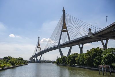 Low angle view of bridge over river against sky