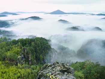 Spring misty landscape. morning in beautiful hills of natural park. rocky peaks in heavy creamy fog.