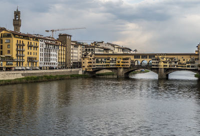 Bridge over river by buildings against sky