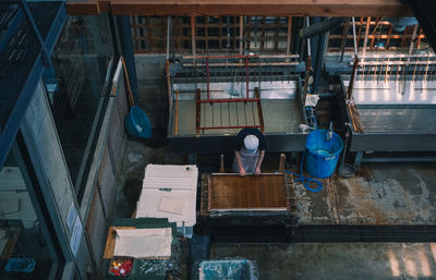 High angle view of working on building