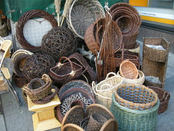 High angle view of wicker baskets heap
