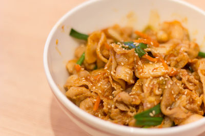 High angle view of noodles in bowl on table