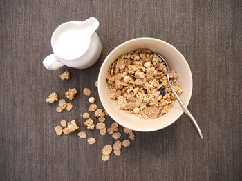 High angle view of breakfast served on table