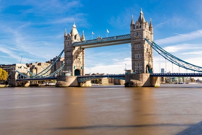 Bridge over river with city in background