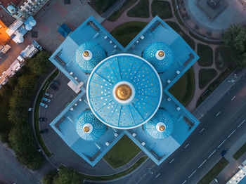 Table top view on trinity cathedral in saint petersburg. blue dome with golden cross and stars